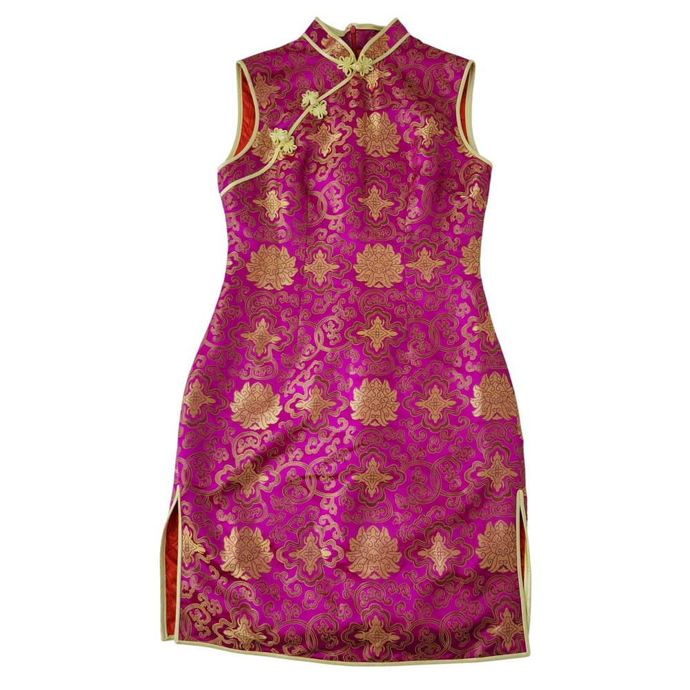 Magenta Pink Gold Brocade Cheongsam Qipao Dress Sleeveless Mandarin Collar Frog